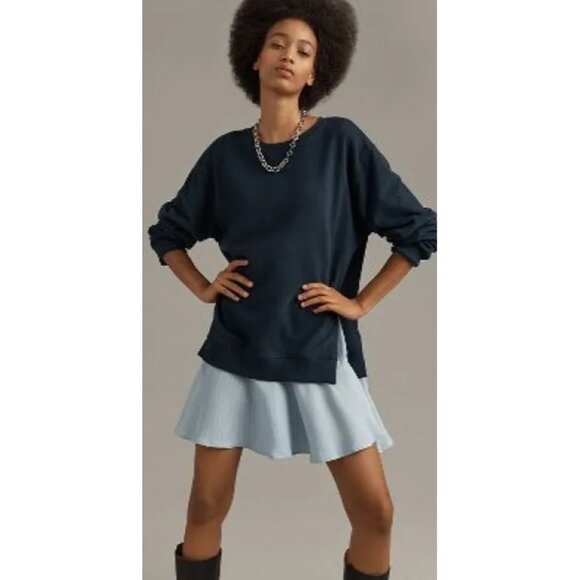 Maeve Dresses & Skirts - Maeve Navy Sweatshirt Dress Blue Striped Ruffle Hem Womens S Cotton Blend